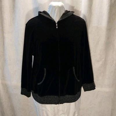 Style & Co Sport Hoodie Size 1X Black Velour Sparkly Trim Long Sleeve Front Zip - Image 1 of 4