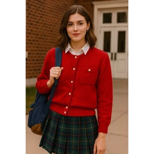 Petite Sophisticate Lambswool Sweater Womens M Red Pearl Button Cardigan Vintage - Picture 1 of 7