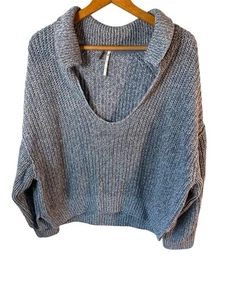 Free People Womens Size Large Love This City Blue Knit Collared Sweater Bohemian - Picture 1 of 8