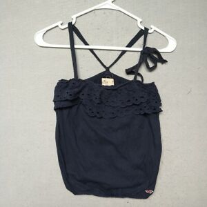 Hollister Blouse Womens Size M Dark Blue Embroidered Logo Strappy Ladies