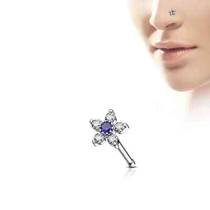 Piercing Nose Rod/Stem Right Flower To 6 Rhinestone Blue - Picture 1 of 1