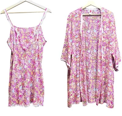 2 PC Vintage Josie Natori Floral Nightgown Babydoll Chemise Slip + Robe Set Y2K - Image 1 of 4