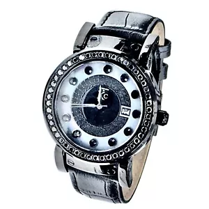 Hip-Hop Watches Approx. 3.5 Carat Natural Black Diamond Black Leather Band - Picture 1 of 15