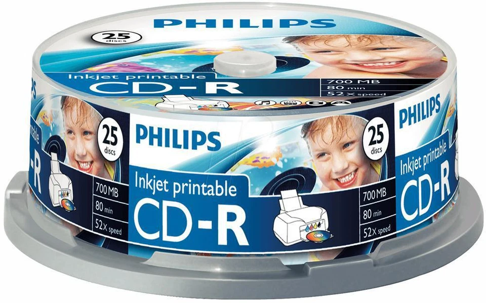 Philips CR7D5JB25/00 Cd-r 80 Minute 700mb (52x) Inkjet Printable Spindle 25 Pack - Image 1 of 1