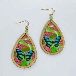Teardrop shape Drop Dangle Blue Butterfly Wooden Earrings - Picture 1 of 3