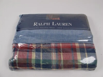 Ralph Lauren Puño a Cuadros Azul Cambray Sábana Plana Completa Hecha en EE. UU. 100% Algodón Foto 1 de 4