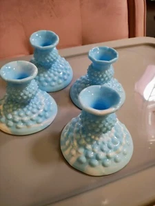 fenton milk glass hobnail, Blue & White Swirled Candle Holders - Picture 1 of 5
