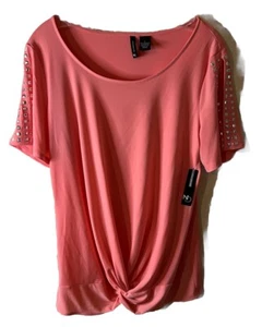 Womens New Directions NWT Shell Pink Studded Cold Shoulder Stretch Blouse Large - Picture 1 of 5