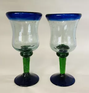 Vintage Hand blown Margarita Blue Rim Green Stem Mexican Margarita Glasses X2 - Picture 1 of 15