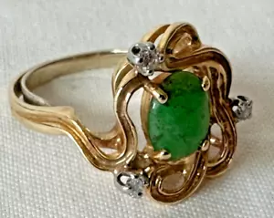 Anello vintage in oro giallo 14k giada e diamanti taglia 7,27, 4,56 grammi - Foto 1 di 9