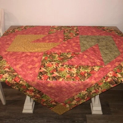 Vintage Handmade Patchwork Autumn Tablecloth 50"SQ Orange Tan Leaves Lined EUC - Image 1 of 4