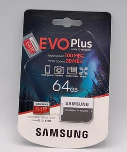 Carte mémoire flash Samsung EvoPlus 64 Go Micro SDXC UHS-I Classe 10 avec adaptateur SD - Photo 1 sur 2