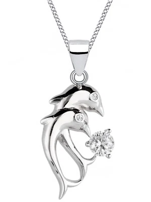 Halskette Kinder Delfin Anhänger Kette 925 Silber Zirkonia Mädchen Echtschmuck - Bild 1 von 4