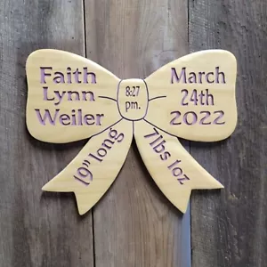Personalized Newborn Baby Birth Stats Announcement Carved Wooden Bow Shaped Sign - Picture 1 of 11