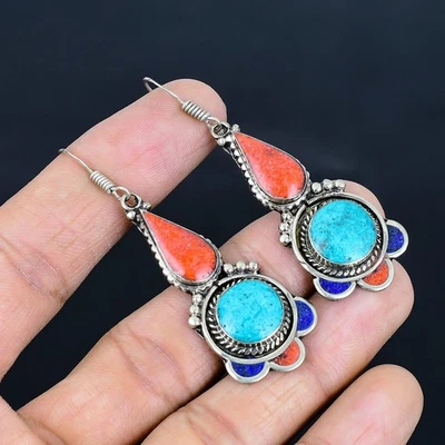 Orecchino nepalese tibetano argento sterling 925 corallo turchese... - Immagine 1 di 4