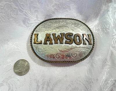 R&R Níquel Plata y Latón LAWSON Apellido Hecho a Mano Hebilla de Cinturón Vaquero Western Foto 1 de 4