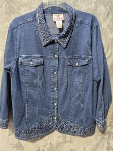 Quacker Factory Womens 2X Blue Denim Jean Jacket Beaded Faux Gems Boho Hippie - Picture 1 of 9