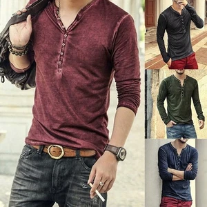 Para Hombres Algodón Henley Camiseta Manga Larga Informal Camisas Sólidas Blusa Prendas para el torso Verano - Imagen 1 de 30