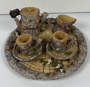 Vintage Resin Tree Stump Miniature Figurine Tea Set Rustic Log Slice - Picture 1 of 11