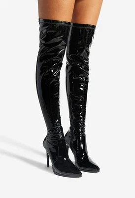 Lekisha by SHOEDAZZLE, Black faux patent 4.5" stiletto OTK/thigh boots, SZ 8 - Image 1 of 4