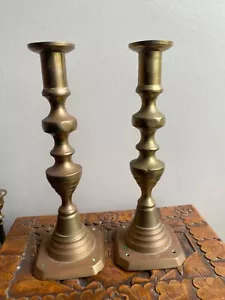 PAIR OF ANTIQUE VICTORIAN BRASS DIAMOND AND BEEHIVE CANDLE STICKS 10" 25 CM - Picture 1 of 5