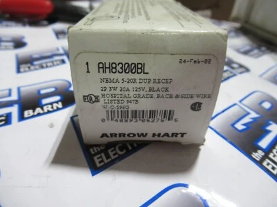 Arrow Hart AH8300BL Duplex Receptacle 20 Amp 125 Volt Black Hospital Grade NEW-B - Image 1 of 2