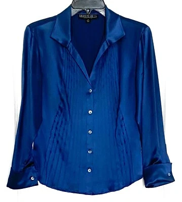 Camisa Top LAFAYETTE 148 Azul Marino Pin-Tuck Plisada Cuello Abotonada 8P Petite PM Foto 1 de 4
