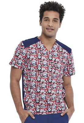 Captain America Cherokee Scrubs Tooniforms Mens V Neck Top TF713 MADF - Image 1 of 4
