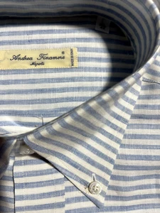 Finamore Napoli Blue/white Linen Shirt 15.75 (Eu 40/M) NWT - Picture 1 of 3
