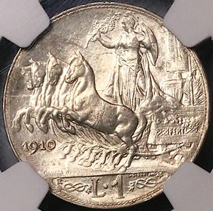 1910 NGC MS 64 Italy 1 Lira Horses Chariot Silver Coin Pop 1/3 (23050704D) - Picture 1 of 6