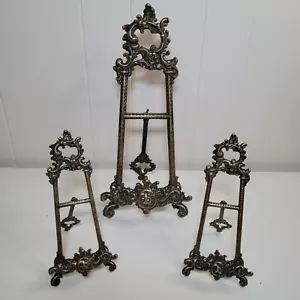 Vintage Ornate Brass Picture Stands set of 3 Artwork Easel 10" & 16" Tall - Picture 1 of 16