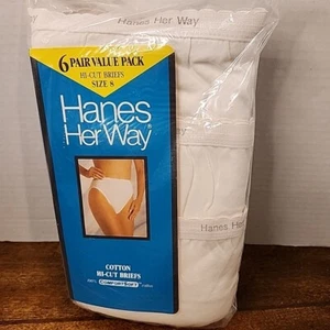 Vintage 90s Hanes Her Way Cotton Hi Cut Briefs Underwear 6 Pack Size 8 White - Picture 1 of 8