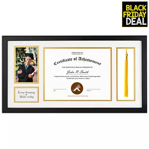 11x22 Diploma Tassel Shadow Box Frame for 8.5x11 Certificate & 4x6 Photo, Black - Picture 1 of 6