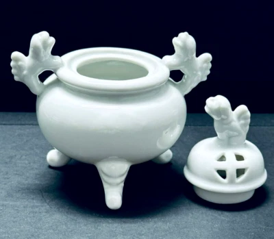 💕Quemador de incienso vintage de porcelana blanca Foo 3 perros con tapa oriental japonesa Foto 1 de 4