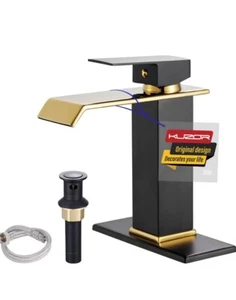 Waterfall Bathroom Faucets 1 Hole Single Handle, Matte Black & Shiny Gold - Picture 1 of 9