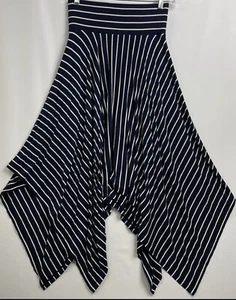 CABI Twirl Skirt Navy Blue Asymmetrical Hem Stripe Elastic Waist Sz M Flowy - Picture 1 of 14