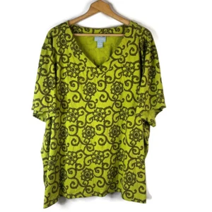 Liz & Me Womens Tunic Top Size 3X Green Floral Crinkled V-Neck Short Sleeve - Picture 1 of 8