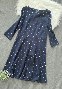 Joules Navy Dotted Dress Size 12 M Flared Knee Length Midi