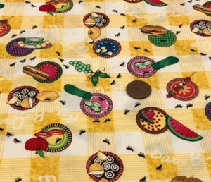Picnic*Plates*Food & Ants*Yellow &White Checkered Cloth*Avlyn*100% Cotton*21"x8" - Picture 1 of 4