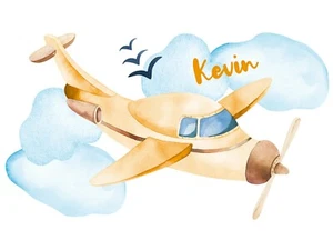 Adesivo murale cameretta bambini con nome, wall stickers aereo personalizzato, decorazione parete - Foto 1 di 4