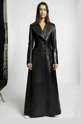  Women's Pure Black Leather Trench Coat Genuine Lambskin Stylish Long Coat  - Image 1 of 4