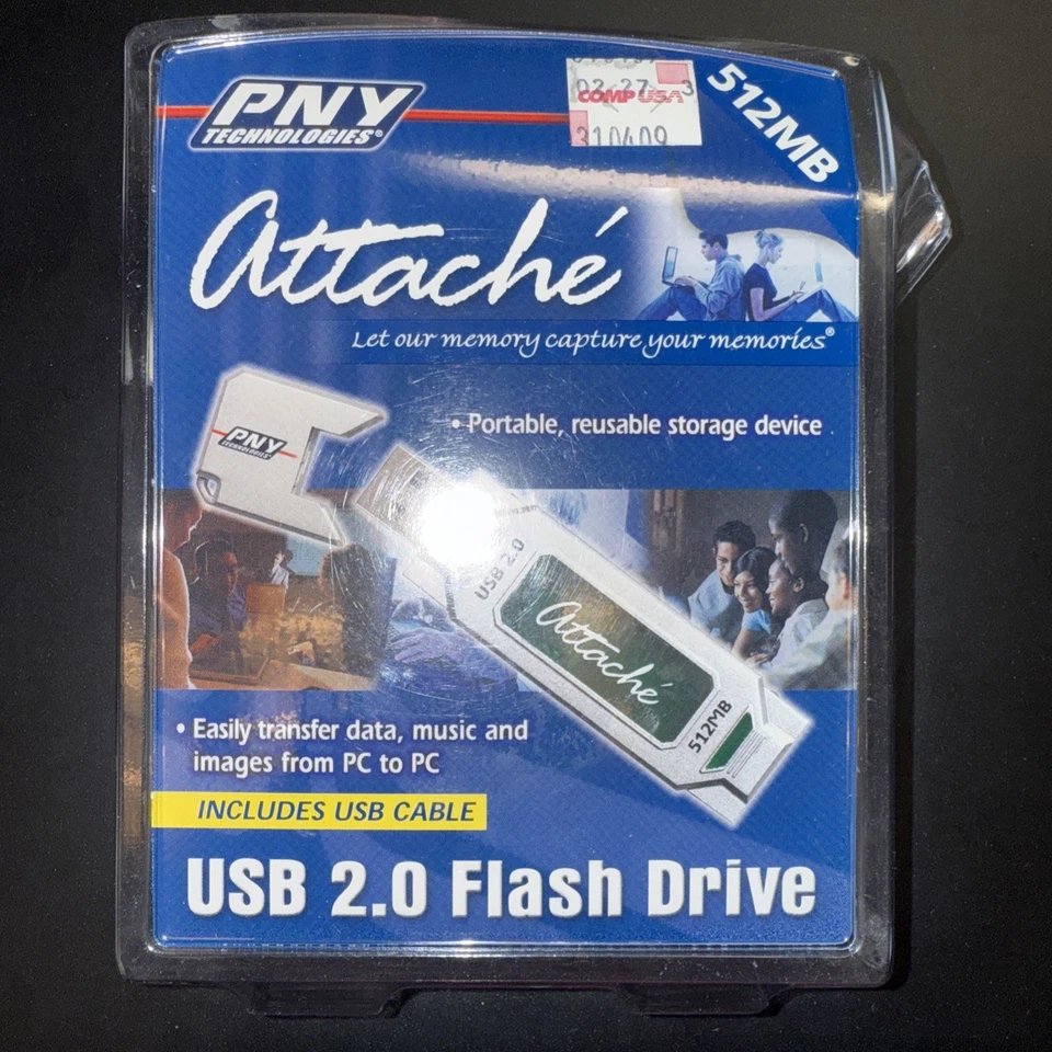 NEW PNY 512MB Attaché Flash Drive USB Sealed w/ 3ft  USB 2.0 Cable Memory Stick - Image 1 of 2