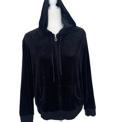Chaqueta de terciopelo New York & Company con capucha cremallera frontal talla L negra cremallera brillante  Foto 1 de 4