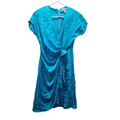 Vestido Vintage Argenti Petites 100% Seda Azul Manga Corta Talla 10 Envolvente Flor Foto 1 de 4