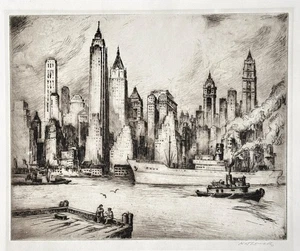 Nat Lowell etching East River Skyline New York City - Picture 1 of 7
