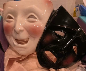 Vintage 1992 Clay Art White & Black Comedy & Tragedy Ceramic Mask Decor 5.75" - Picture 1 of 11