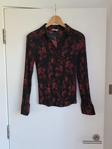 M&S Crepe Floral Blouse Shirt UK8 Vintage 90s Top Black Red Semi Sheer BNWOT - Picture 1 of 17