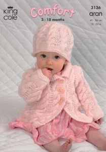 King Cole Aran Knitting Pattern Coat Dress Sweater and Hat 3136 - Picture 1 of 2