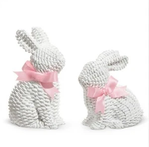 Raz Imports White Woven Style Easter Bunnies Rabbits with Pink Bows Set of 2 - Picture 1 of 1