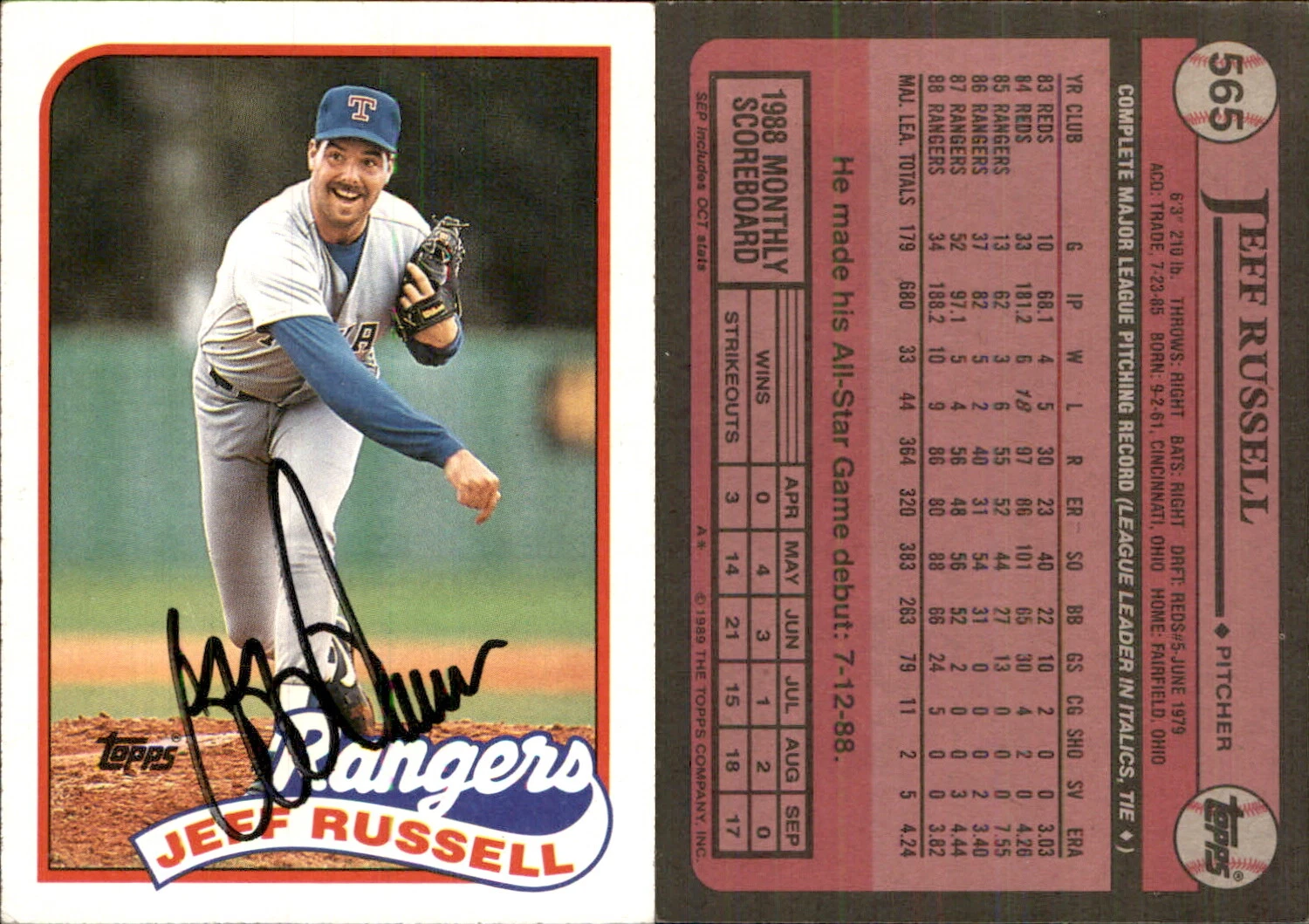 Jeff Russell Signed 1989 Topps #565 Card Texas Rangers Auto AU